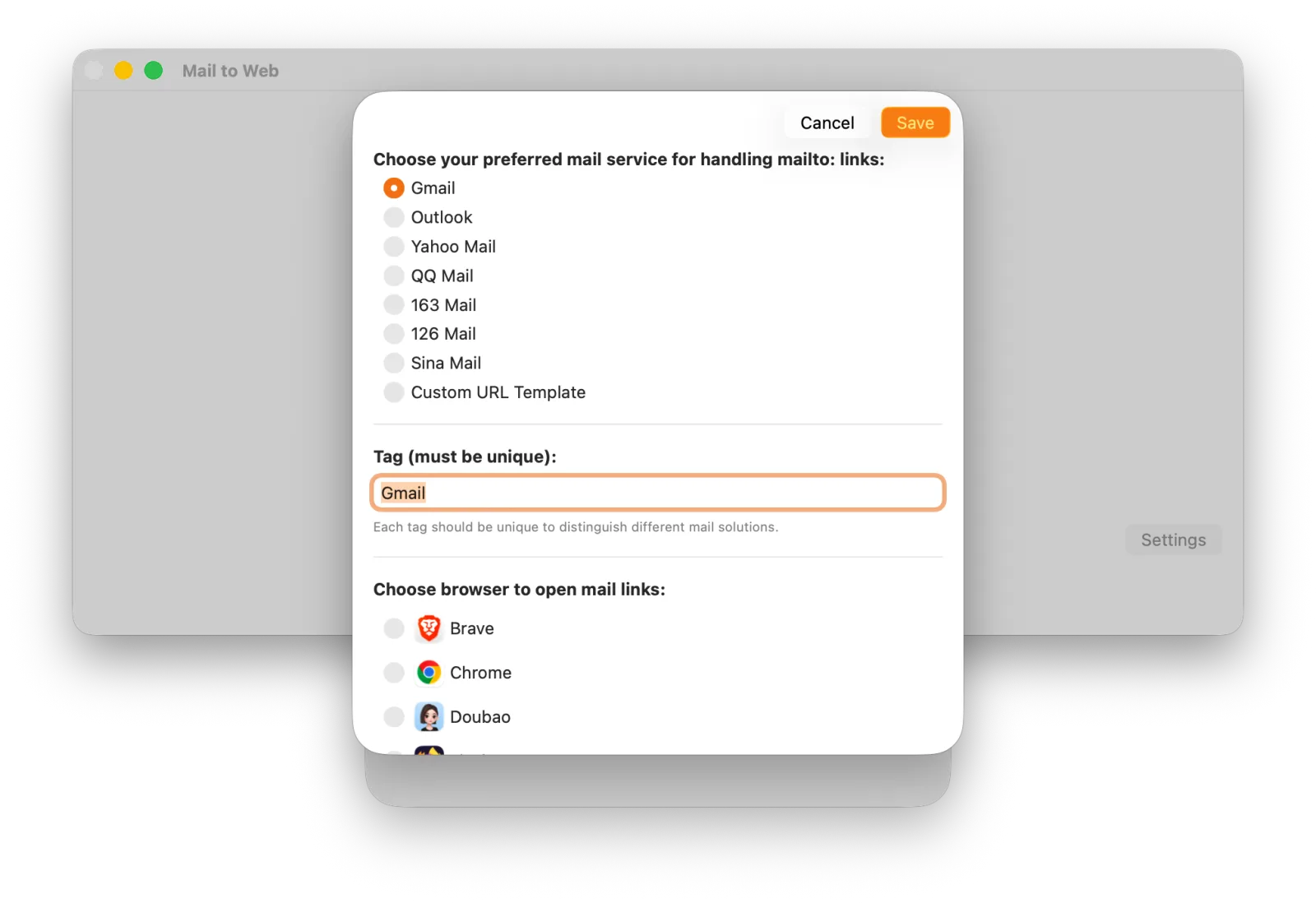 Adding a mail service and choosing its browser