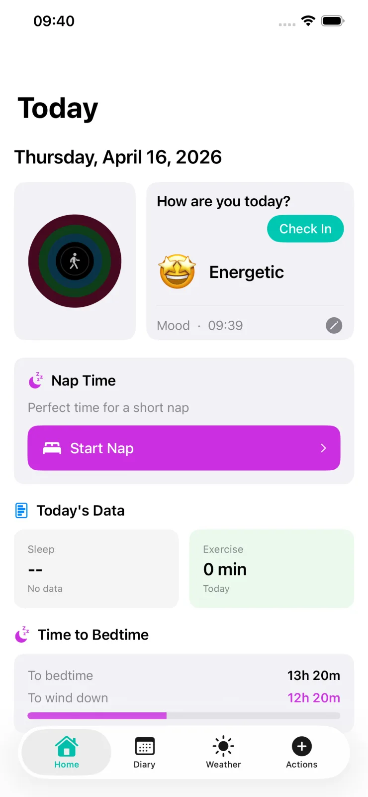 Today view with sleep, mood, nap, and energy information