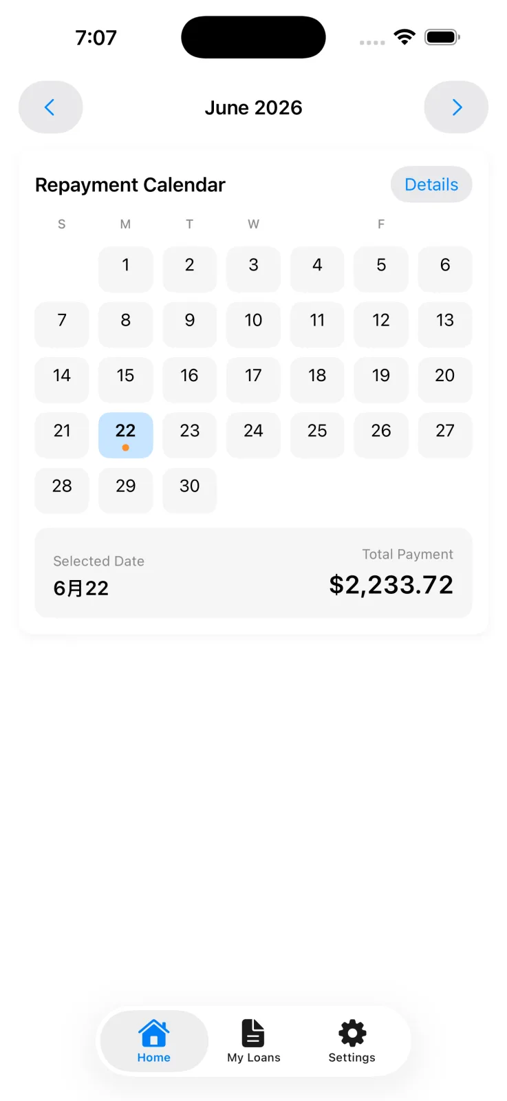 Repayment calendar and payment total